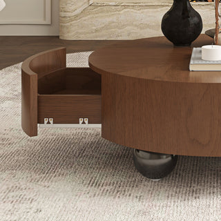 Drum Shaped Coffee Table With Hidden Storage Drawer, Low Profile For Living Room - Walnut