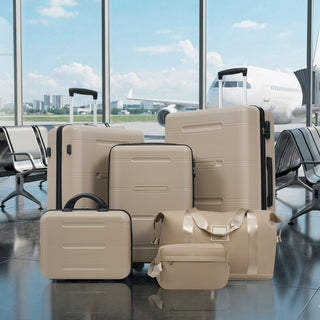 6 Piece Lightweight Hardshell Luggage Set With Double Spinner Wheels, Password Lock