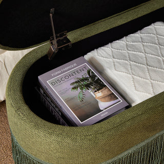 Oval Upholstered Storage Ottoman With Fringe Trim & Lift Top Lid