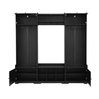 Wide Hall Tree With Shoe Storage, 4 In 1 Entryway Bench With 8 Cubbies, 7 Coat Hooks & Adjustable Shelf For Hallway - Black