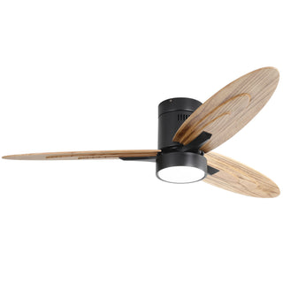 Flush Mount Ceiling Fan With Light And Remote Control, 3 Blades, Reversible DC Motor - Black