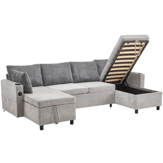 Sectional Sofa Bed With Pull Out Sleeper, USB Ports, Cup Holders