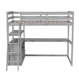 Modern Loft Bed With Built In Desk, Shelves, And 2 Drawers