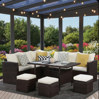 7 Piece Patio Dining Set With Cushions, Modular Sectional Sofa & Storage Table