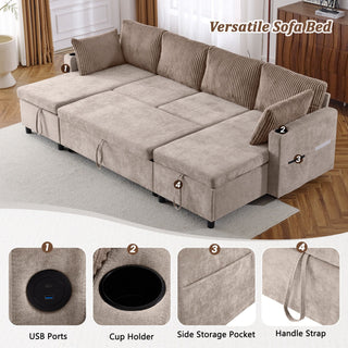 Sectional Sofa Bed With Pull Out Sleeper, USB Ports, Cup Holders