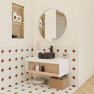 Floating Bathroom Vanity With Vessel Sink With Open Shelf Storage