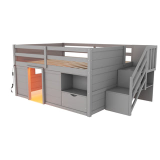Low Loft Bed Frame With Built In Stairs, Storage Drawer, Shelf And 7 Color LED Light