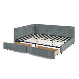 Mid-Century Storage Upholstered Tufted Bed Frame With Backrest And Armrests