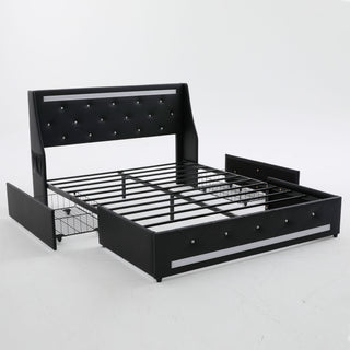 Wingback Upholstered Bed Frame With LED Lights, Charging Station