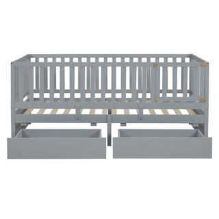 Daybed With Fence Guardrails And 2 Drawers, Split Into Independent Floor Bed & Daybed