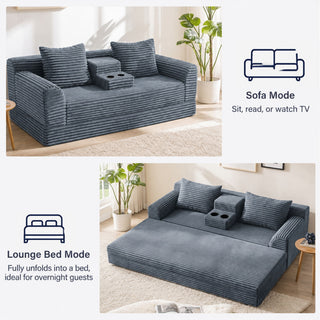 Soft Striped Convertible Sofa Bed, Dual Use Lounge Couch With Cup Holders And Pillows