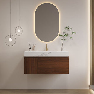 Floating Bathroom Vanity & Basin 1 Soft Close Drawer + 1 Cabinet, Wall Mounted - Walnut / White