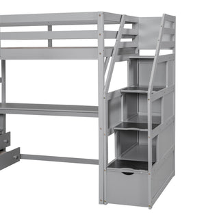 Loft Bed With Desk, Shelves, 2 Drawers, Storage Staircase