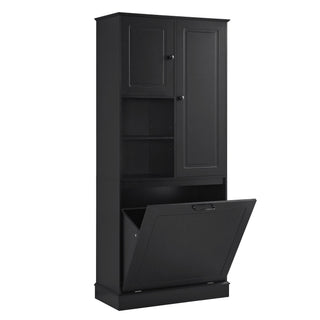 Modern Tall Storage Cabinet With Adjustable Shelves, Flip-Out Basket & Enclosed Doors