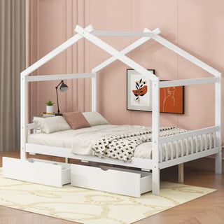 House Style Platform Bed With Headboard, Footboard, 2 Drawers, And Roof Design