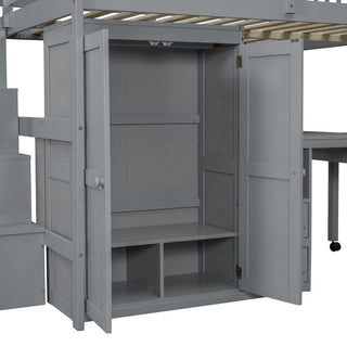 Loft Bed With Stairs, Bookshelf, Drawers, Desk & Wardrobe, Space Saving Multifunctional Furniture