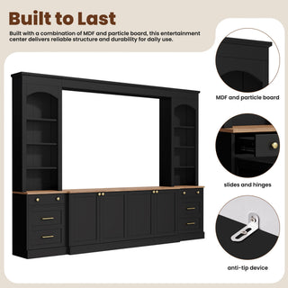 Arched Entertainment Center Wall Unit With Bookshelf, Retro Large TV Stand