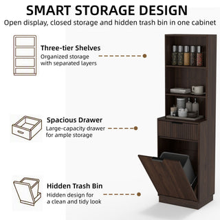 Tall Narrow Fluted Storage Cabinet With Trash Bin Compartment For Kitchen (Trash Can Not Included)