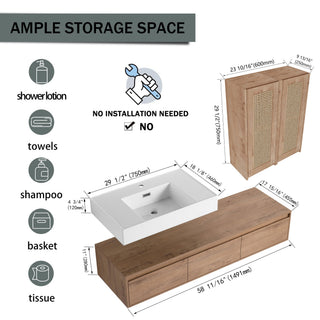 Modern Wall Mounted Bathroom Vanity With Resin Sink And 2 Side Cabinet, Imitative, Construction - Imitative Oak