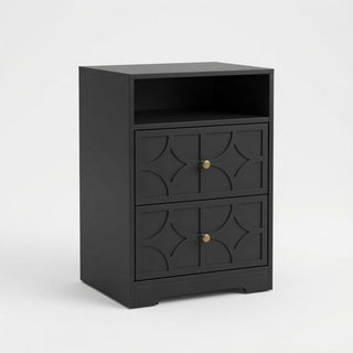 Nightstand With Diamond Carvings Handles, 2 Drawers & Charging Station