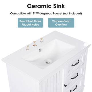 30" Bathroom Vanity With Sink, 3 Drawers, Adjustable Feet
