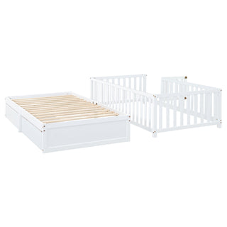 Daybed With Fence Guardrails And 2 Drawers, Split Into Independent Floor Bed & Daybed
