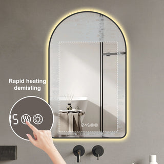 Arched LED Vanity Mirror With Time & Temperature Display, Anti-Fog, Dimmable Backlight In Frame, 3 Color Temperatures