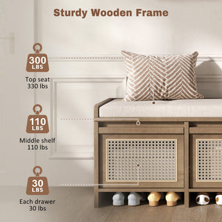 Entryway Shoe Bench With Drawers & Button Tufted Cushion