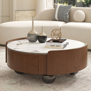 Round Coffee Table With Ball Feet, Dual Storage Drawers For Living Room - Walnut Brown
