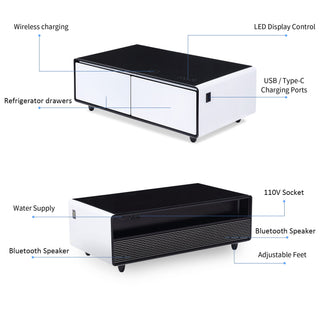 Modern Smart Coffee Table With Built-In Fridge, tooth Speaker, Wireless Charging Module, Touch Control Panel, Power Socket, USB Interface, Outlet Protection, Atmosphere Light