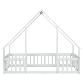 Wood House-Shaped Floor Bed With Fence, Guardrails