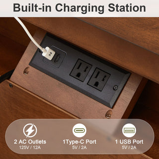 Nightstand With Charging Station, Bedside Table, 3 Drawers, USB And Type - C Ports