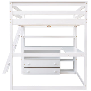 Modern Loft Bed With Built In Desk, Shelves, And 2 Drawers