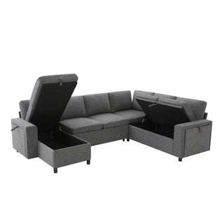 U - Shaped Convertible Sectional Sofa Bed With Storage, USB Charger & Cup Holders
