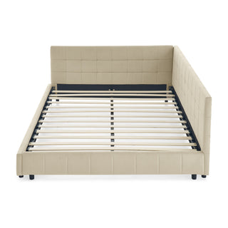Mid-Century Storage Upholstered Tufted Bed Frame With Backrest And Armrests
