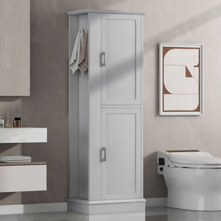 Tall Freestanding Bathroom Storage Cabinet With Adjustable Shelves And Side Hooks