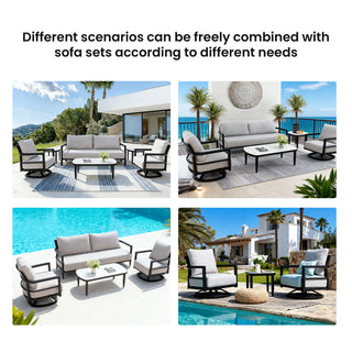 Outdoor Conversation Set With Chairs, Bench Sofa, Tables, Sunbrella Cushions