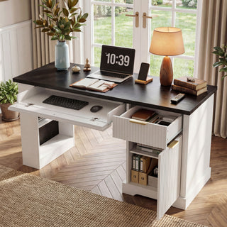 Modern Fluted Office Desk With Storage Cabinet