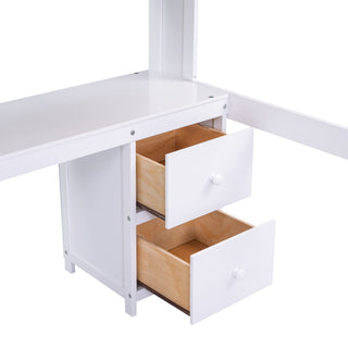 Full Size Loft Bed With Desk, Cabinets, Drawers, Charging Station And Bedside Tray, Sturdy Frame, No Box Spring Required - White