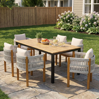 7 Piece Outdoor Dining Set With Table And Chairs - Beige / Teak / White