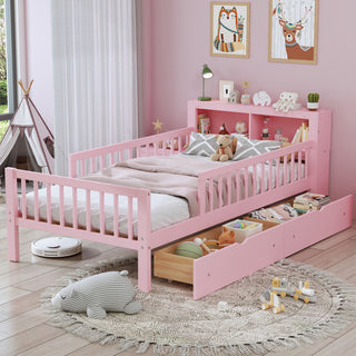Bed With Headboard Storage Rack, 2 Under Bed Drawers, 3 Side Guardrails For Safety