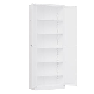 Kitchen Pantry Cabinet With Doors, Heavy-Duty Freestanding Storage Organizer With 5 Adjustable Shelves, Tool Free Assembly - White