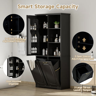 Freestanding Tall Storage Cabinet With 2 Tilt Out Hampers