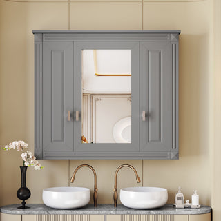 Wall Mounted Bathroom Cabinet With Mirror And 4 Shelves, Rectangular Design - Gray