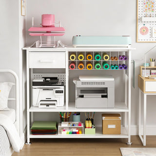 Large Heat Press Table With Charging Station, Movable Workbench For Diy Sublimation - White