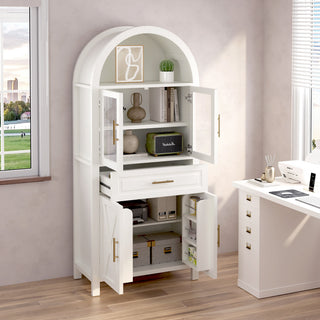 Arched Kitchen Pantry Cabinet With Adjustable Shelves & Barn Door Design