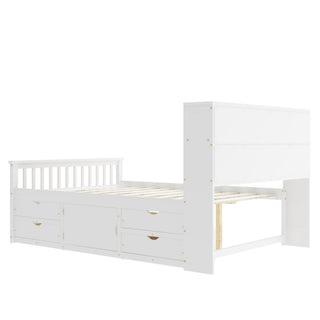 Captain Platform Bed Frame With Bookcase Headboard, 4 Drawers, Storage Shelves