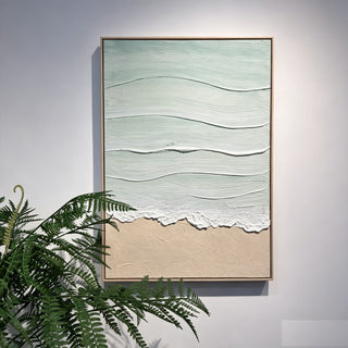 Framed Beach Wall Art, Textured Canvas Painting, Neutral Ocean Decor For Living Room - Beige / Blue
