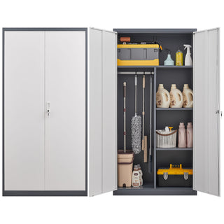 Wardrobe With Hanging Rod And Compartments, Lockable Closet With Locks & Keys For Bedroom - Gray