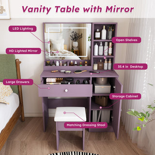 Vanity Desk Set With Padded Stool & Adjustable LED Mirror, 3 Color Mode Lighting, Compact For Bedroom - Purple